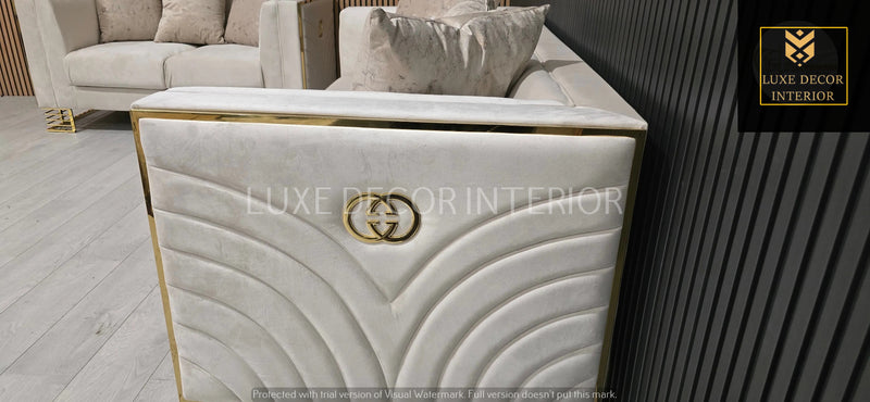 Bahrain 3+2 Seater Sofa Set – Champagne Velvet with Gold Detailing & Legs | Modern Luxury Sofa