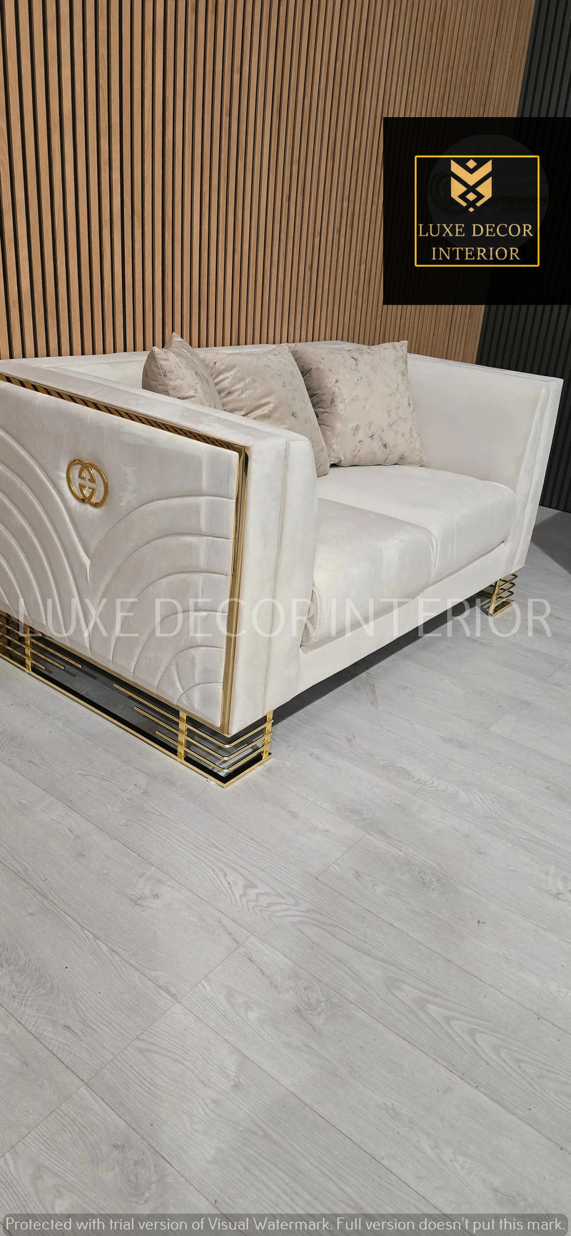 Bahrain 3+2 Seater Sofa Set – Champagne Velvet with Gold Detailing & Legs | Modern Luxury Sofa