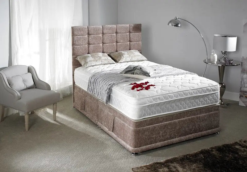 Cube Style Gas lift Ottoman Bed – Crushed Velvet Upholstery with 50" Floor-Standing Headboard