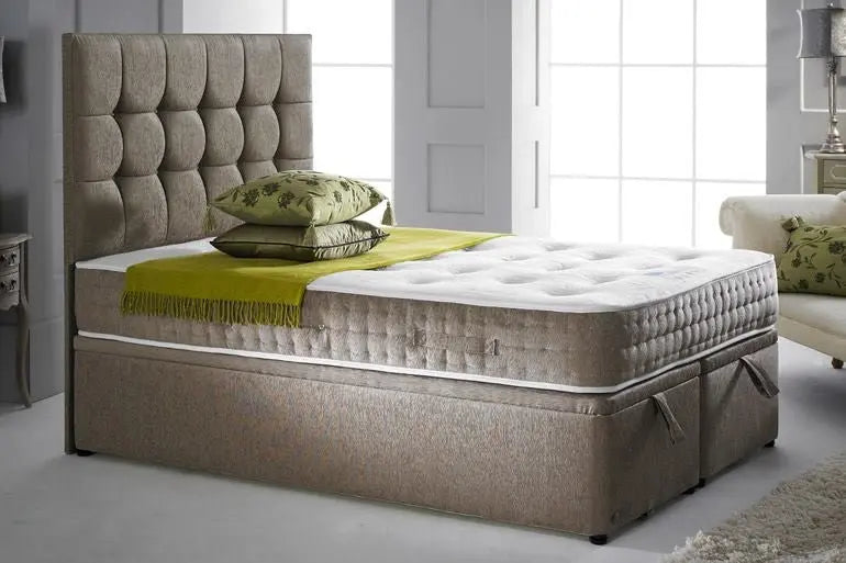 Cube Style Gas lift Ottoman Bed – Crushed Velvet Upholstery with 50" Floor-Standing Headboard