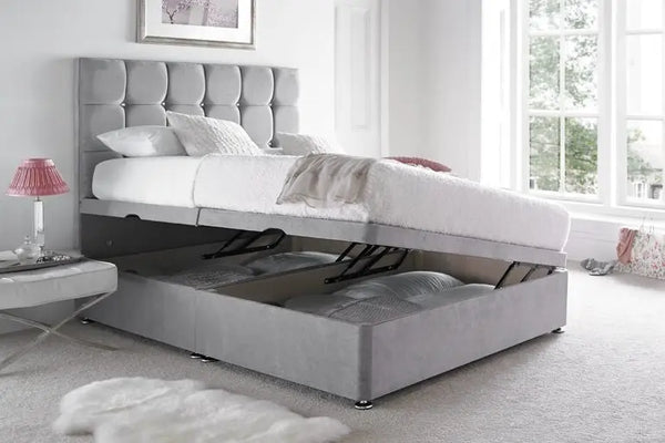 Cube Style Gas lift Ottoman Bed – Crushed Velvet Upholstery with 50" Floor-Standing Headboard