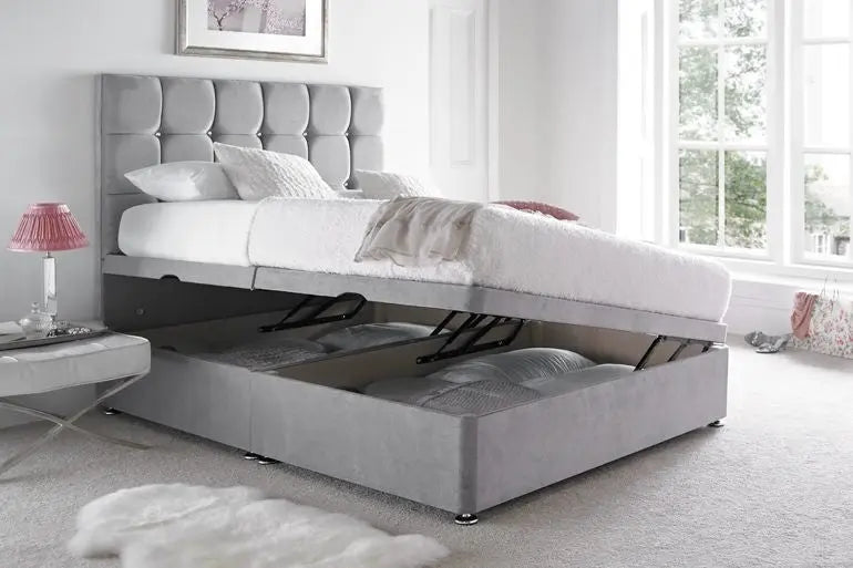 Cube Style Gas lift Ottoman Bed – Crushed Velvet Upholstery with 50" Floor-Standing Headboard