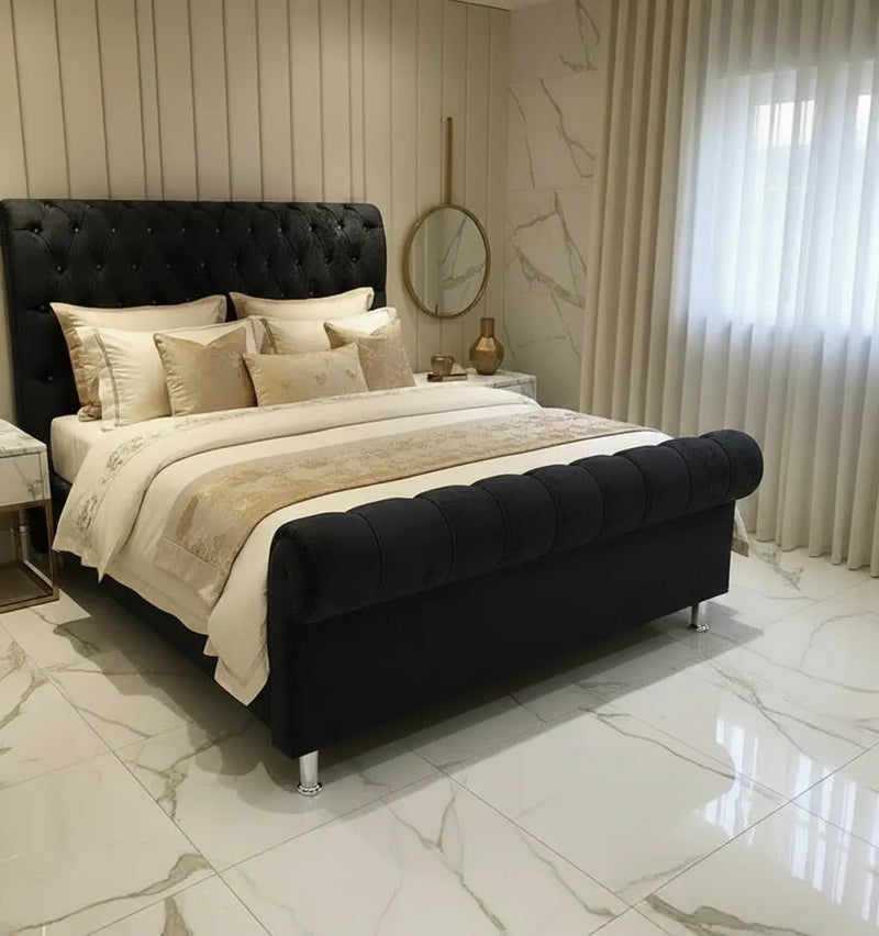 Crown Sleigh Crushed Velvet Bed – Bespoke Handmade Design