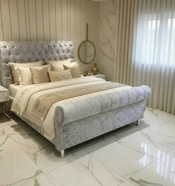 Crown Sleigh Crushed Velvet Bed – Bespoke Handmade Design
