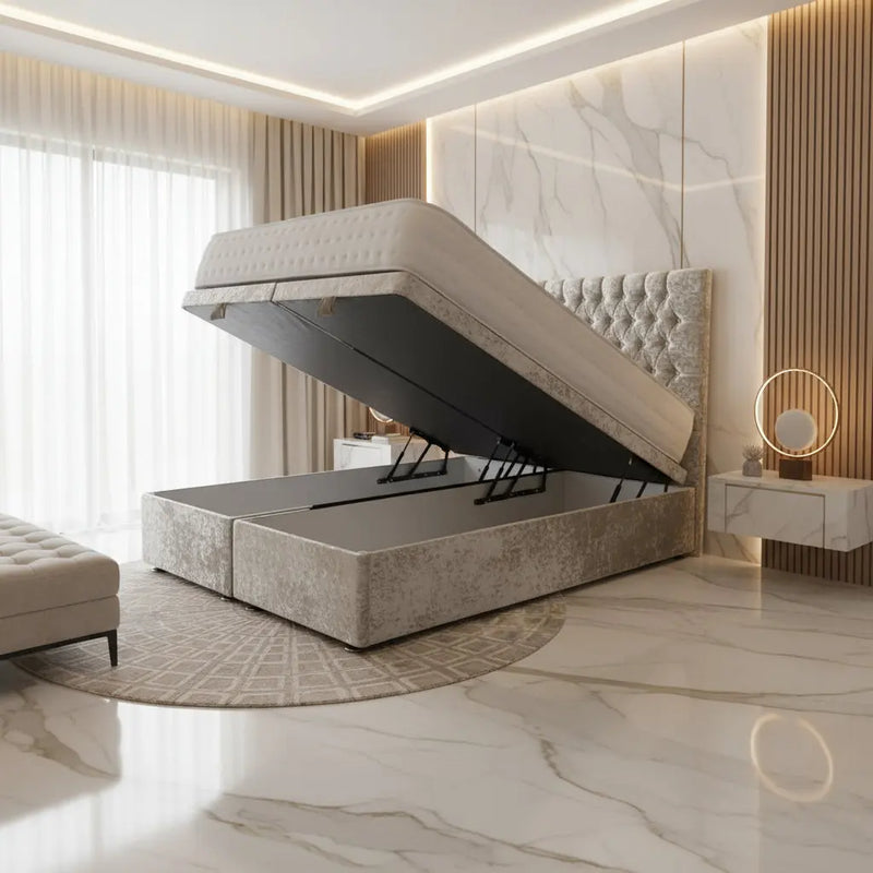 Monte Carlo Gas lift Ottoman Bed – 54" Tall Cubed Headboard in Crushed Velvet