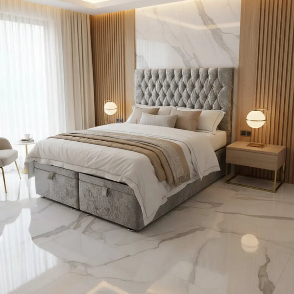 Monte Carlo Gas lift Ottoman Bed – 54" Tall Cubed Headboard in Crushed Velvet