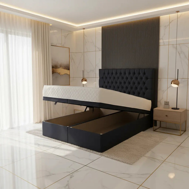 Monte Carlo Gas lift Ottoman Bed – 54" Tall Cubed Headboard in Crushed Velvet