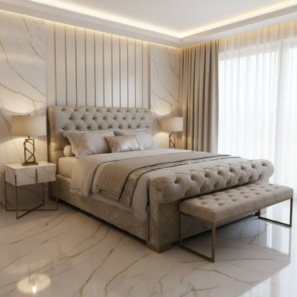 Sleigh Chesterfield Crushed Velvet Bedframe – Bespoke Handmade Design