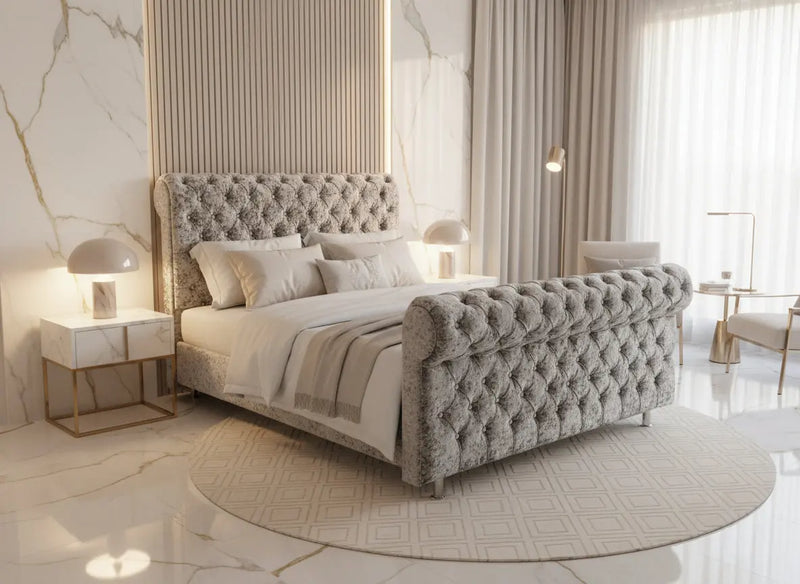 DiCaprio Sleigh Crushed Velvet Bed – Bespoke Handmade Design