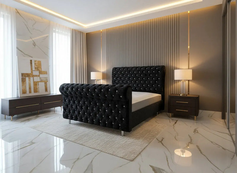 DiCaprio Sleigh Crushed Velvet Bed – Bespoke Handmade Design