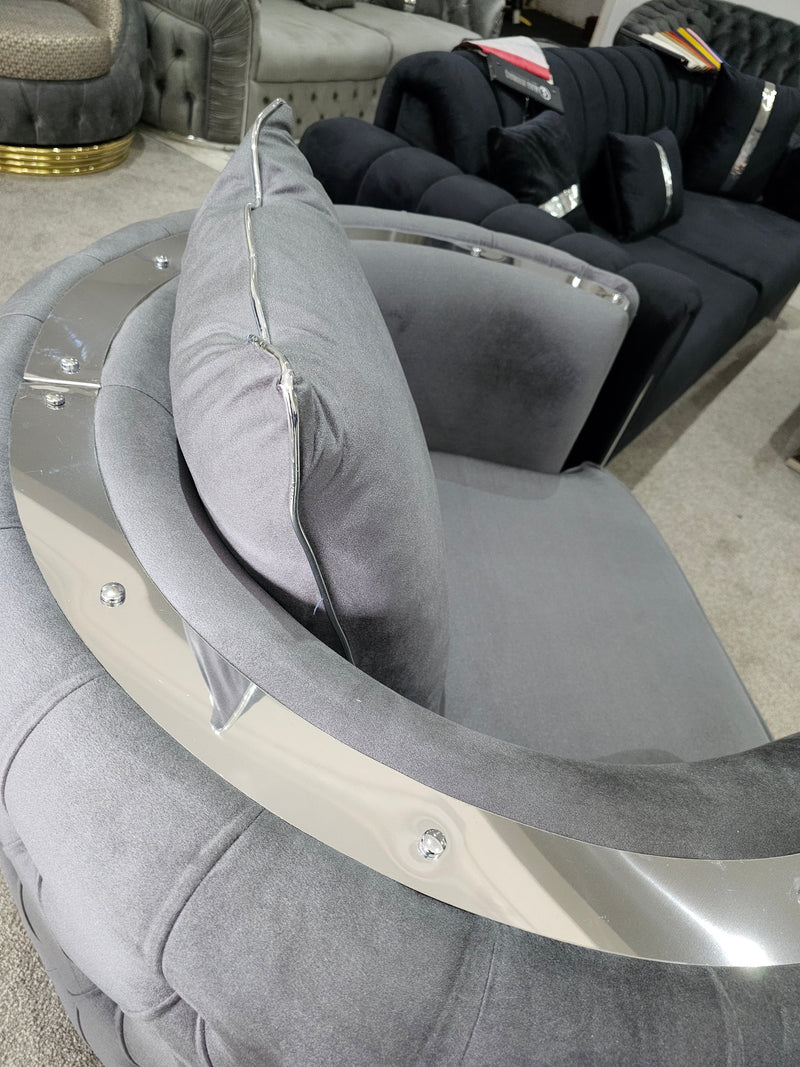 Casino Sofa Chair Grey Velvet & Chrome Detailing