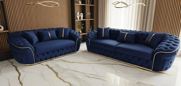 Ambassador 3+2 Seater Sofa Set – Navy Velvet with Gold Detailing | Modern Luxury Sofa CELEBRITY INTERIORS