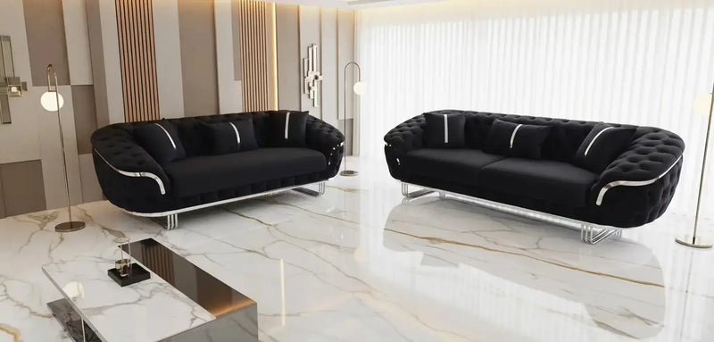 Kingston 3+2+1 Black Velvet Sofa Set – Chrome Detailing | Luxury Modern Suite Bespoke Beds