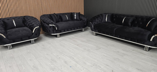 Kingston 3+2+1 in black velvet with chrome accent detailing