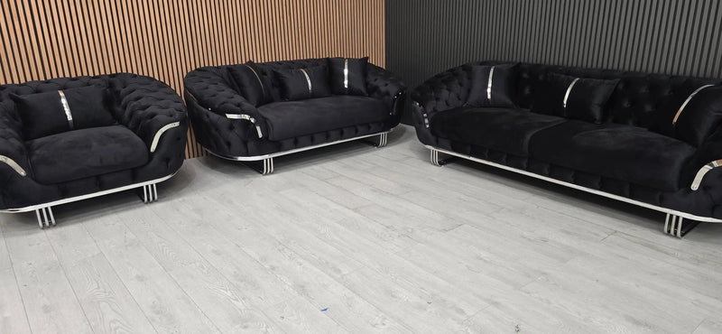 Kingston 3+2+1 Black Velvet Sofa Set – Chrome Detailing | Luxury Modern Suite Bespoke Beds