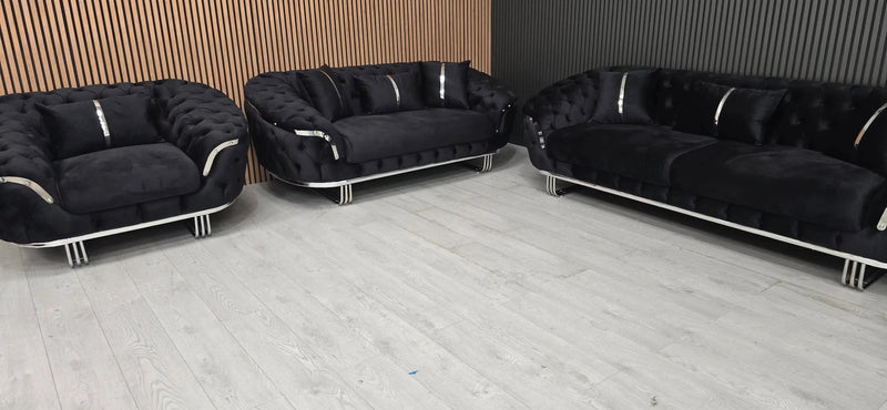 Kingston 3+2+1 Black Velvet Sofa Set – Chrome Detailing | Luxury Modern Suite Bespoke Beds