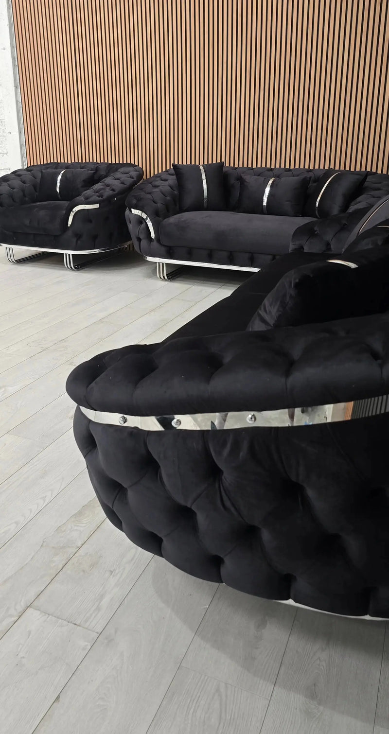 Kingston 3+2+1 Black Velvet Sofa Set – Chrome Detailing | Luxury Modern Suite Bespoke Beds