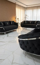 Kingston 3+2+1 Black Velvet Sofa Set – Chrome Detailing | Luxury Modern Suite Bespoke Beds