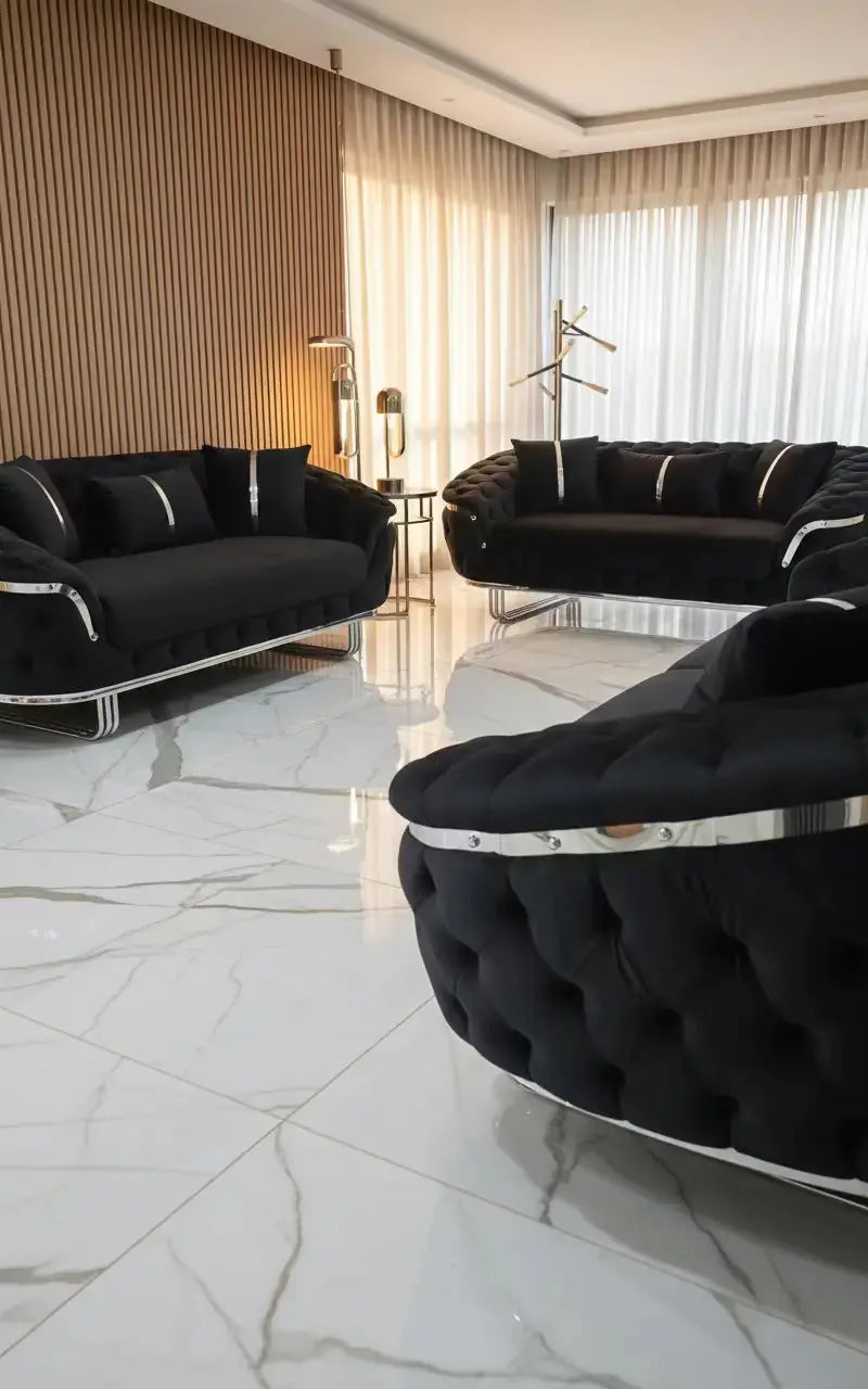 Kingston 3+2+1 Black Velvet Sofa Set – Chrome Detailing | Luxury Modern Suite Bespoke Beds