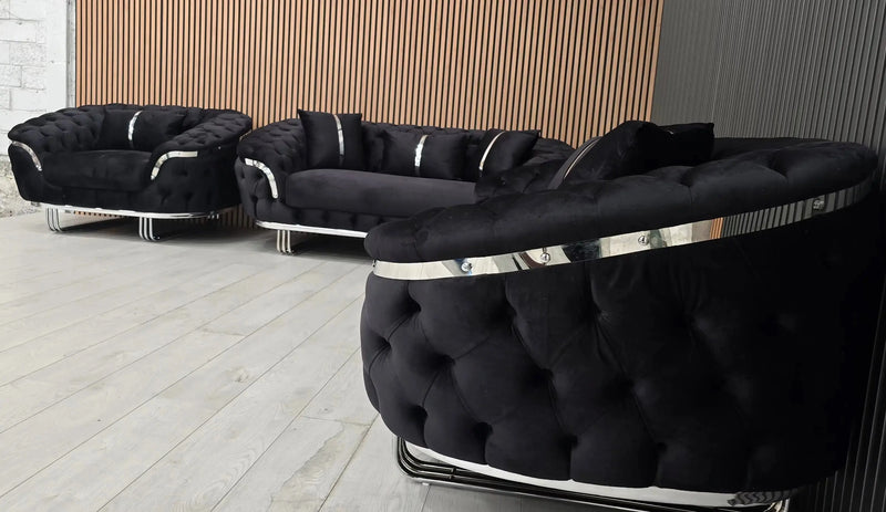 Kingston 3+2+1 Black Velvet Sofa Set – Chrome Detailing | Luxury Modern Suite Bespoke Beds