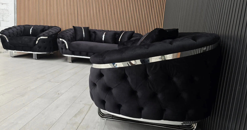 Kingston 3+2+1 Black Velvet Sofa Set – Chrome Detailing | Luxury Modern Suite Bespoke Beds