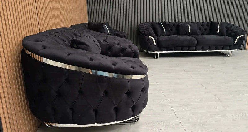 Kingston 3+2+1 Black Velvet Sofa Set – Chrome Detailing | Luxury Modern Suite Bespoke Beds