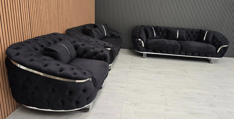 Kingston 3+2+1 Black Velvet Sofa Set – Chrome Detailing | Luxury Modern Suite Bespoke Beds
