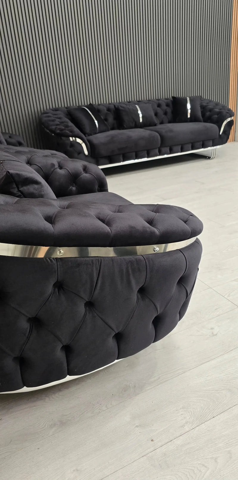 Kingston 3+2+1 Black Velvet Sofa Set – Chrome Detailing | Luxury Modern Suite Bespoke Beds