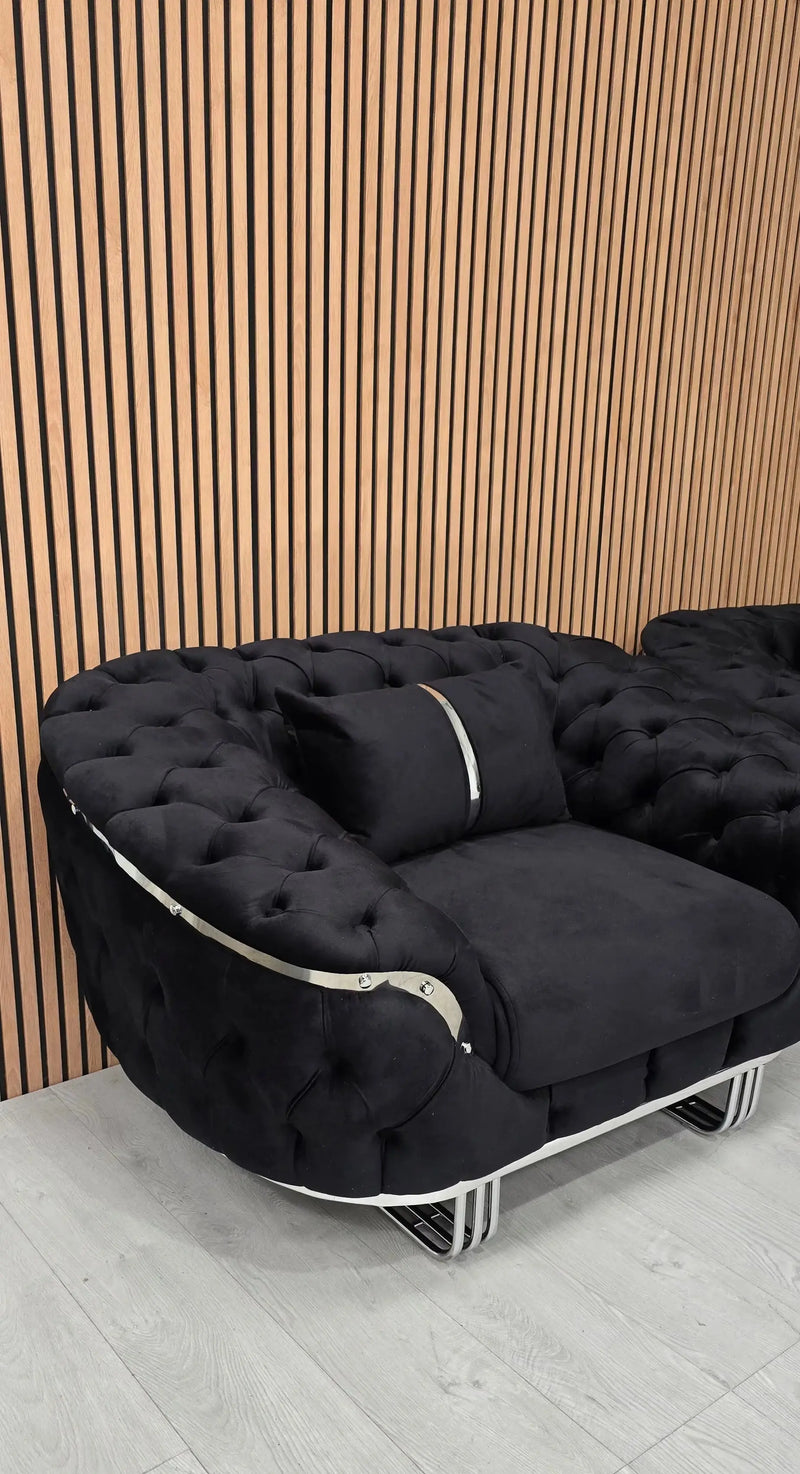 Kingston 3+2+1 Black Velvet Sofa Set – Chrome Detailing | Luxury Modern Suite Bespoke Beds