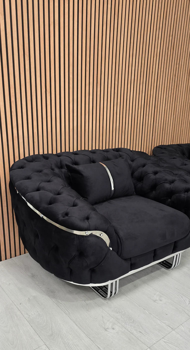 Kingston 3+2+1 in black velvet with chrome accent detailing