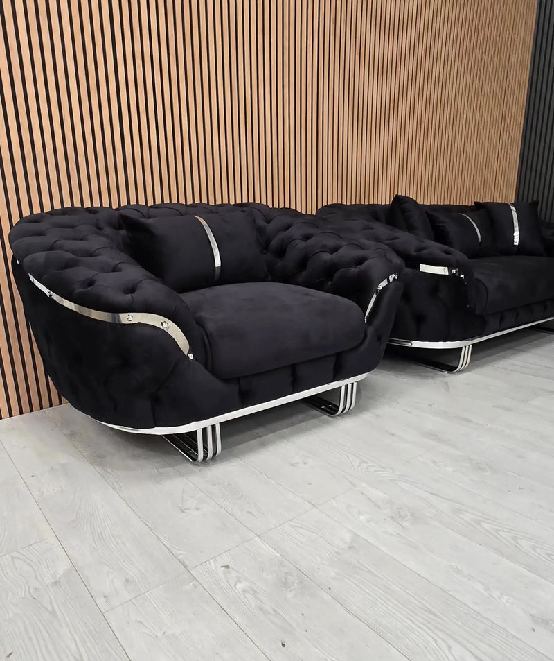 Kingston 3+2+1 Black Velvet Sofa Set – Chrome Detailing | Luxury Modern Suite Bespoke Beds