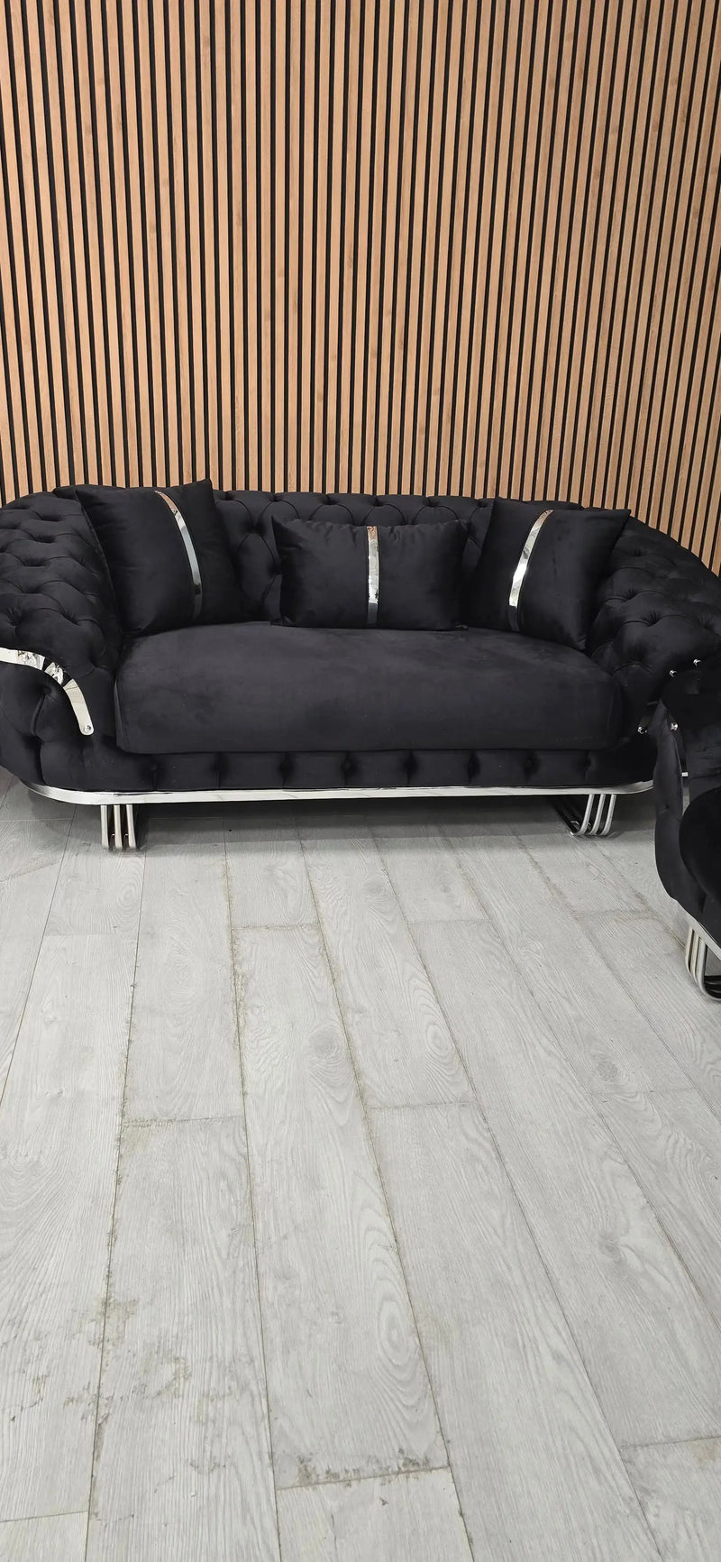 Kingston 3+2+1 Black Velvet Sofa Set – Chrome Detailing | Luxury Modern Suite Bespoke Beds