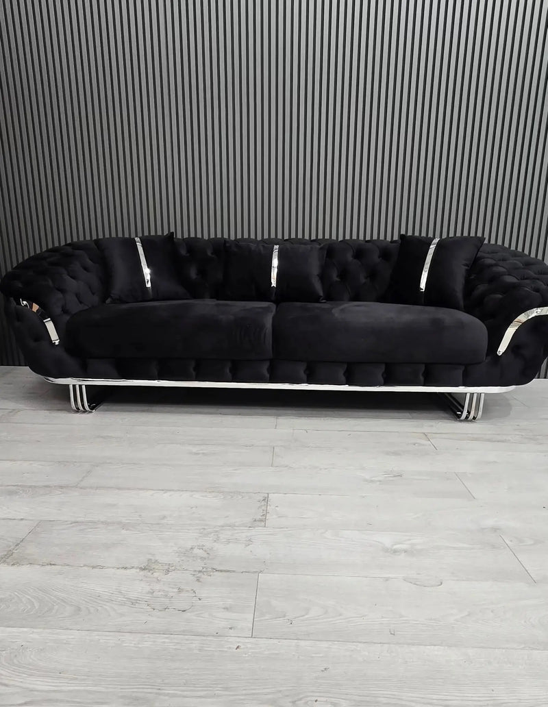 Kingston 3+2+1 Black Velvet Sofa Set – Chrome Detailing | Luxury Modern Suite Bespoke Beds