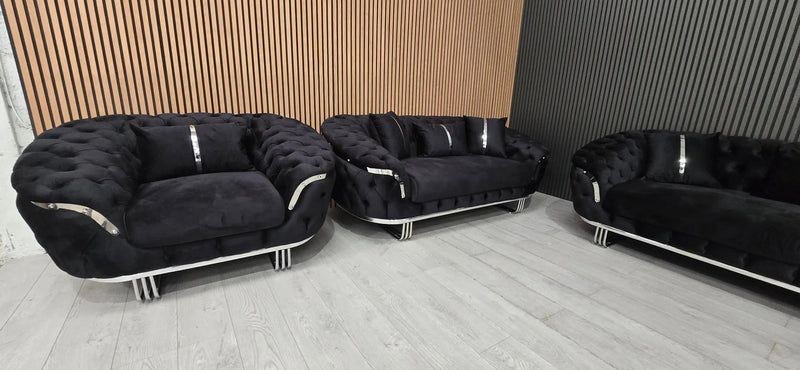Kingston 3+2+1 Black Velvet Sofa Set – Chrome Detailing | Luxury Modern Suite Bespoke Beds