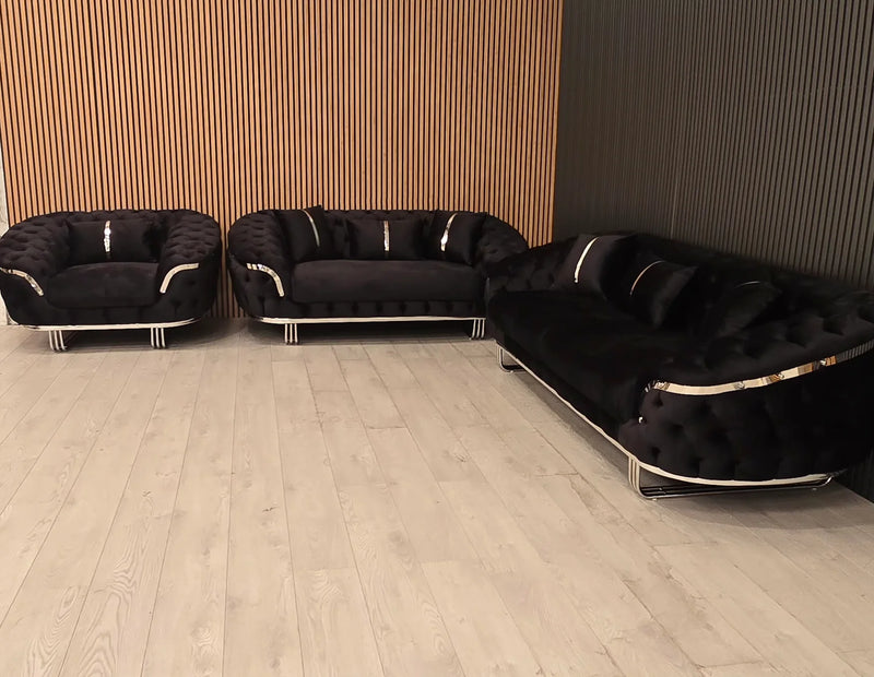 Kingston 3+2+1 in black velvet with chrome accent detailing