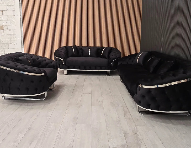 Kingston 3+2+1 in black velvet with chrome accent detailing