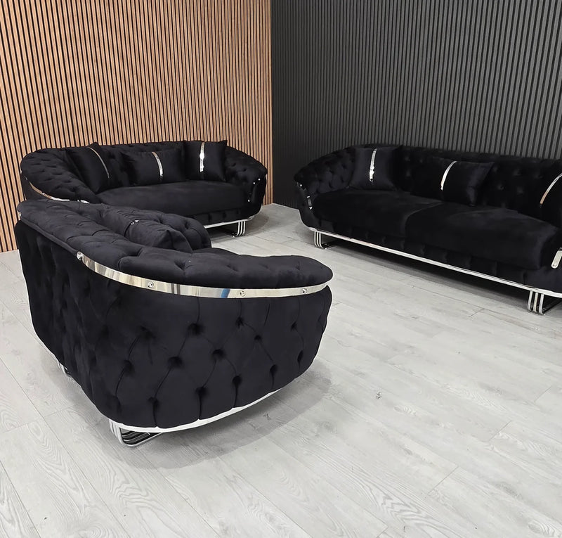 Kingston 3+2+1 in black velvet with chrome accent detailing
