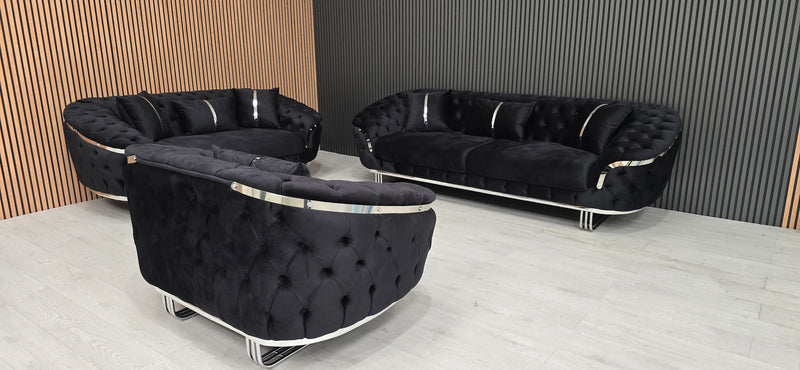 Kingston 3+2+1 in black velvet with chrome accent detailing