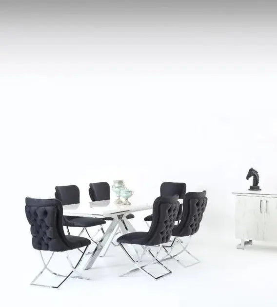 Karla White & Chrome Metal Finish Dining Table Set + 6 Dining Chairs