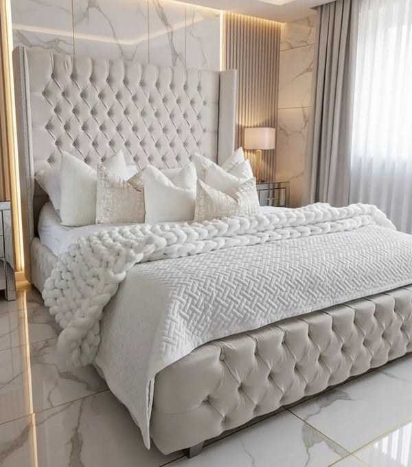 Marina Plush Velvet Wingback Bed – Bespoke Handcrafted Bedstead (Made in the UK)