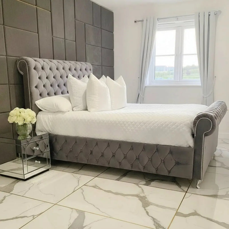 Baxter Plush Velvet Sleigh Bed – Bespoke Handcrafted Bedstead (Made in the UK)