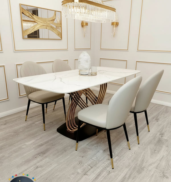 Orion Gold 1.8m Polar White Sintered Stone Dining Table + Beige Etta Leather Dining Chairs