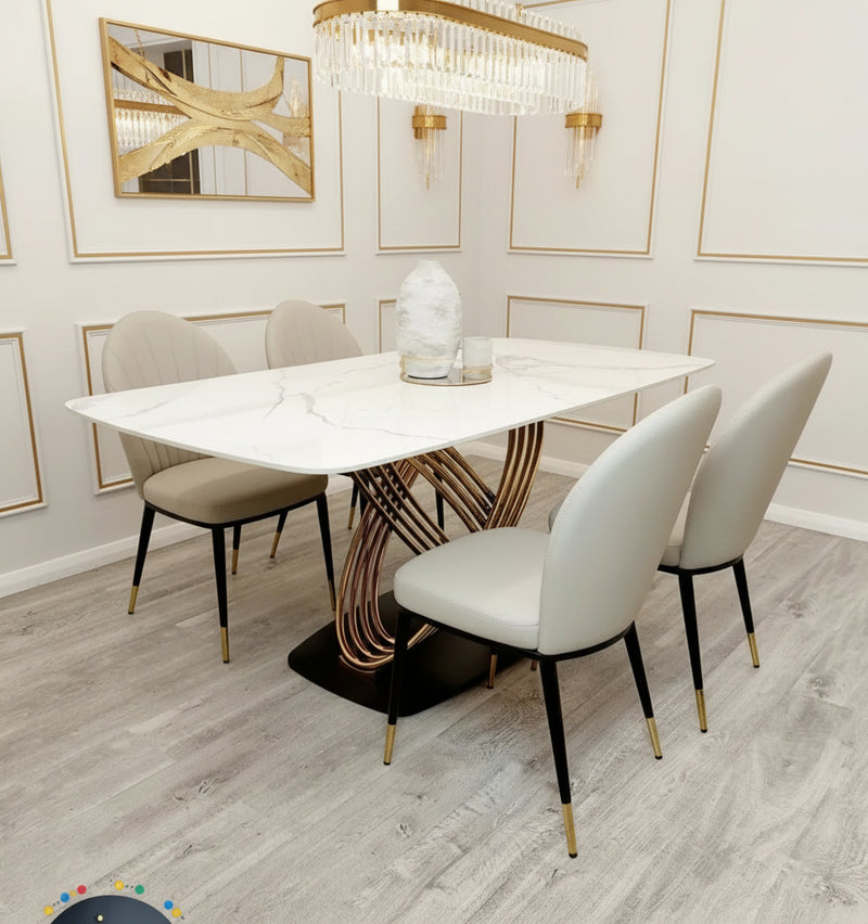 Orion Gold 1.8m Polar White Sintered Stone Dining Table + Beige Etta Leather Dining Chairs