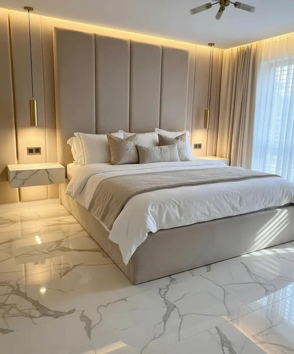 Pandora Plush Velvet Bed – Bespoke High Headboard Bedstead (Handmade in the UK)