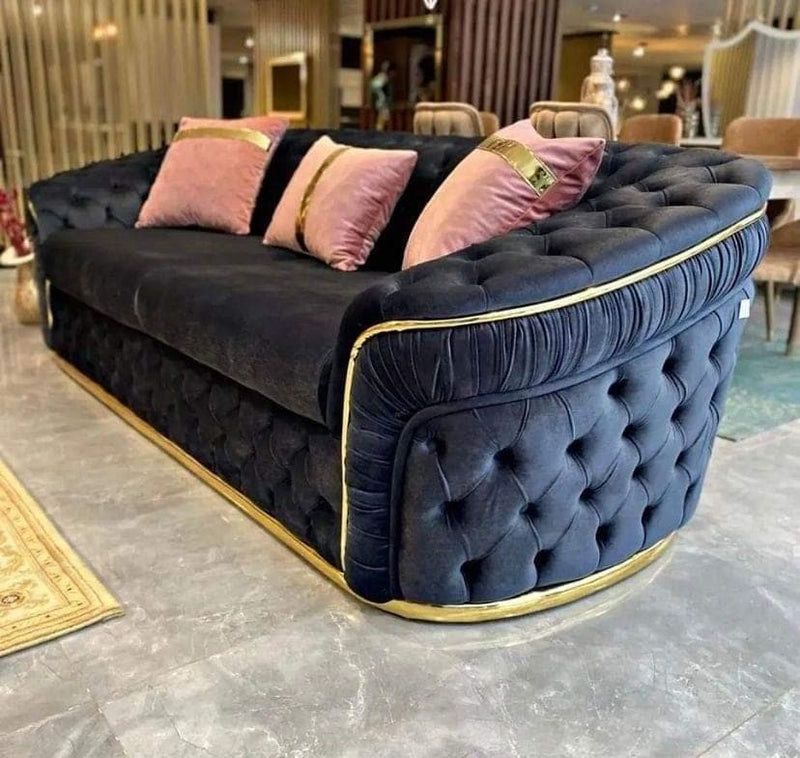 Ambassador 3+2+1 Seater In Black Velvet Gold Accent Plush Velvet