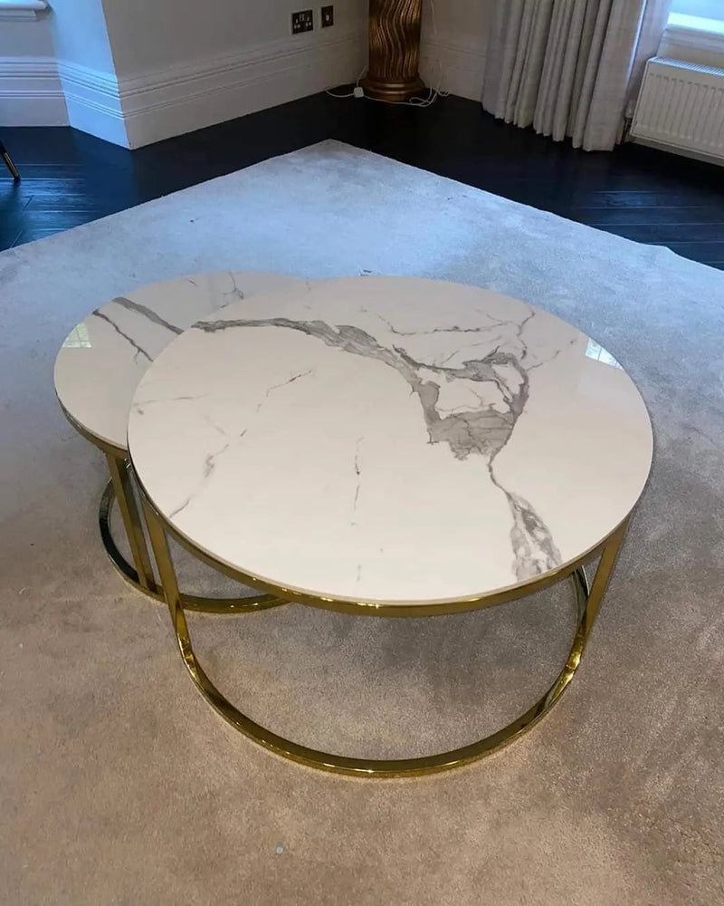 Cato Nest Of Coffee Table White Sintrid Stone & Gold Frame