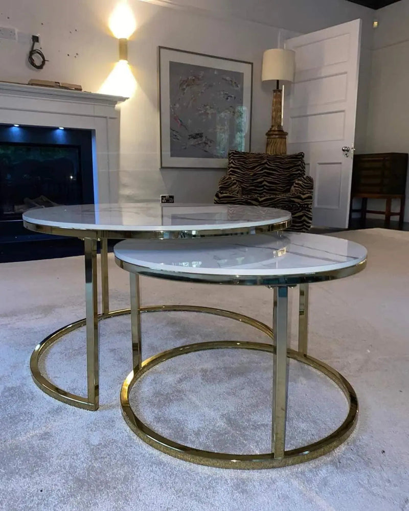 Cato Nest Of Coffee Table White Sintrid Stone & Gold Frame