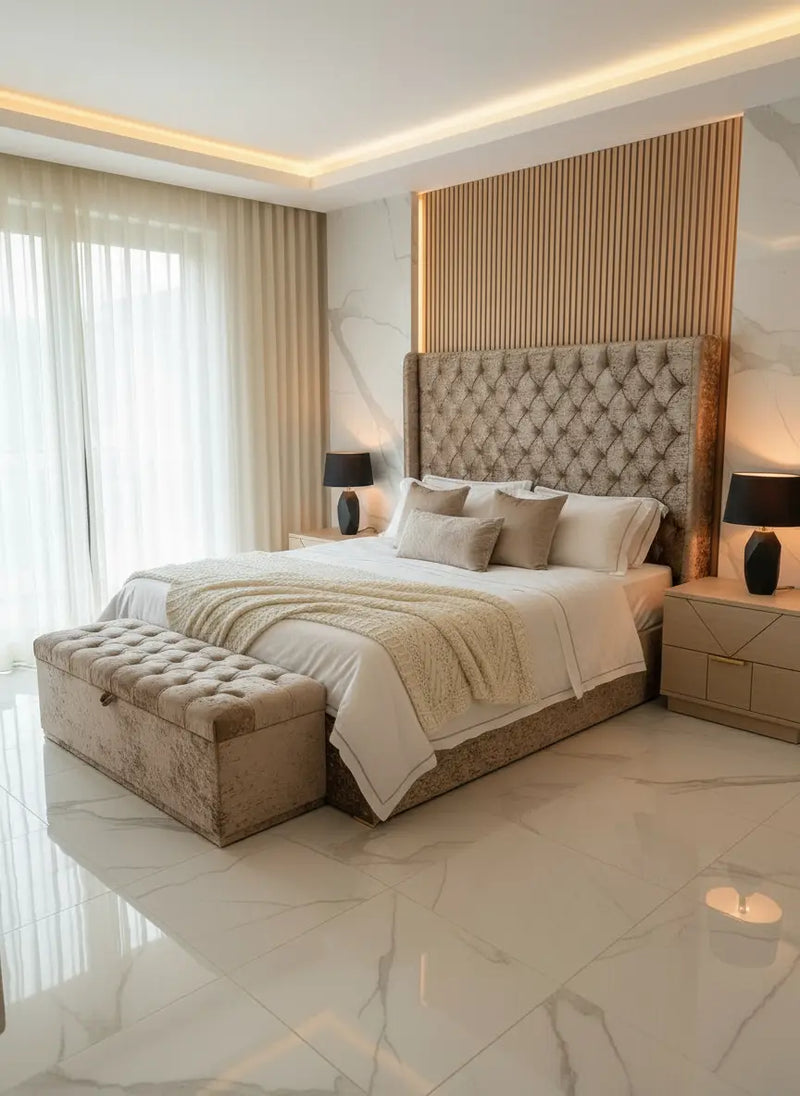 Alexandra Crushed Velvet Ottoman Gas lift Bed – 72" Extra High Chesterfield Headboard