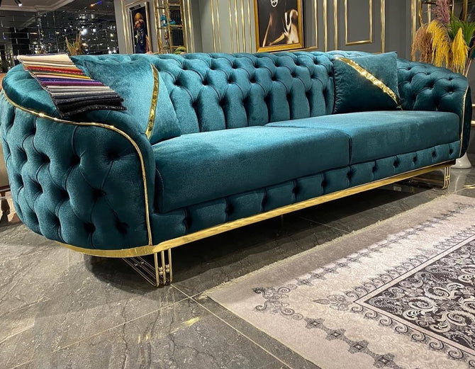 Khalifa Special 3+2 Seater In Teal Velvet & Gold