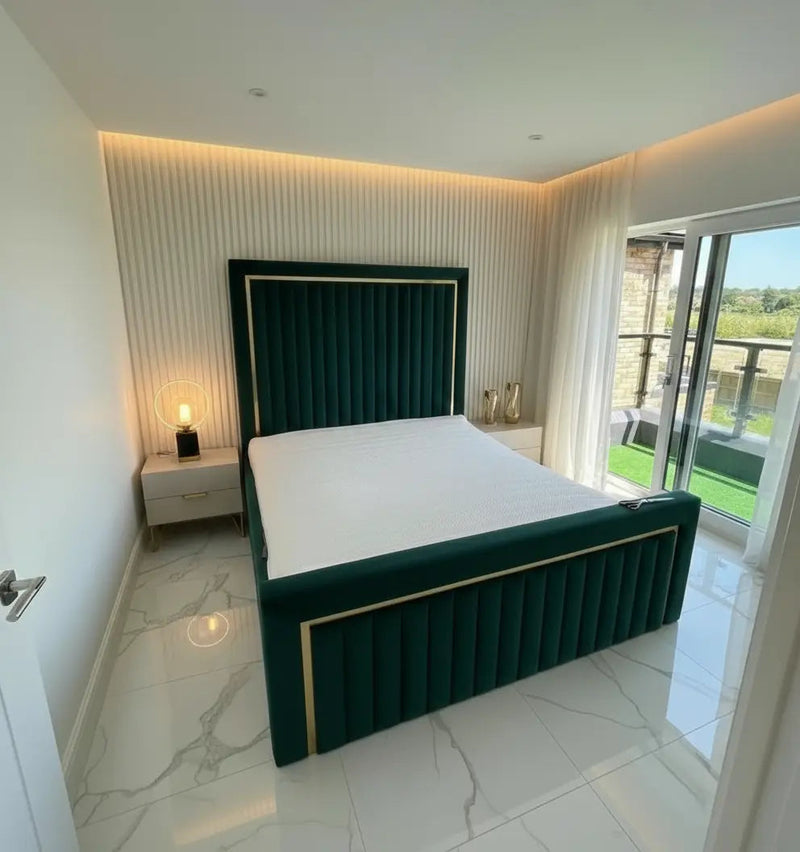 Elcante Bedstead in Plush Velvet – Mirrored Panel Headboard & Footboard | Luxury Handmade UK Bed FIL